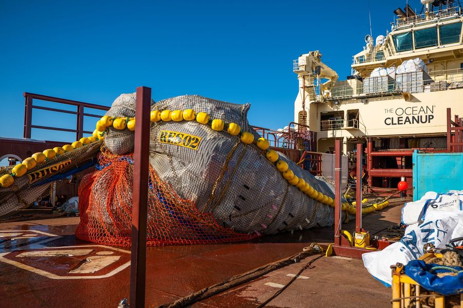 netted bag of trash on ship